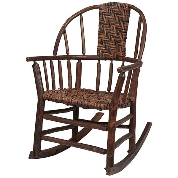 Old Hickory Furniture Company rocker 23.5"w x 31"d x: Old Hickory Furniture Company, rocker, Martinsville, IN, hickory, splint, unsigned, 23.5"w x 31"d x 35"h