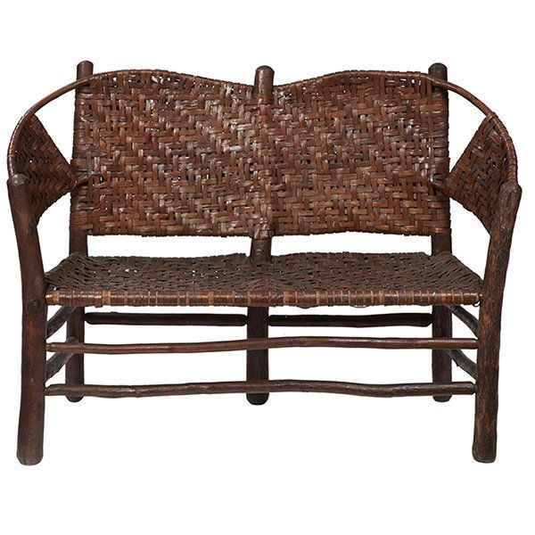 Old Hickory Furniture Company bow-back settee 50"w x: Old Hickory Furniture Company, bow-back settee, Martinsville, IN, hickory, splint, early signature, 50"w x 22"d x 35.5"h