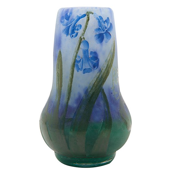 Daum Bluebell vase 2"dia x 3.5"h: Daum, Bluebell vase, Nancy, France, cameo cut and enameled glass, signed, 2"dia x 3.5"h