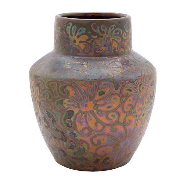 Clément Massier (1845-1917) vase 5"w x 6.5"h: Clement Massier (1845-1917), vase, France, metallic glazed and decorated ceramic, signed, 5"w x 6.5"h
