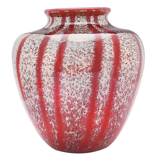A. Douglas Nash Corporation Red Chintz vase 5.5"dia x: A. Douglas Nash Corporation, Red Chintz vase, New York, NY, decorated glass, unmarked, 5.5"dia x 6"h