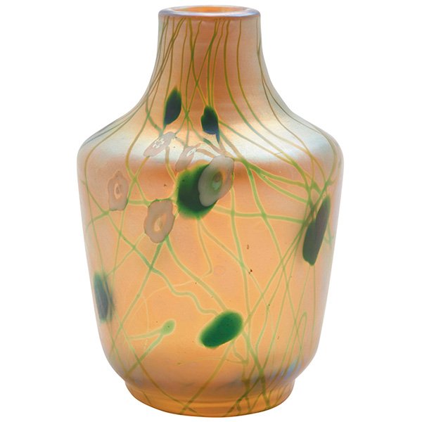 Steuben Glass Works Millefiori vase 2.5"dia x 3.5"h: Steuben Glass Works, Millefiori vase, Corning, NY, decorated Aurene glass, unsigned, 2.5"dia x 3.5"h. Literature: For a similar example, refer to The Glass of Frederick Carder by Paul V. Gardner, Crow