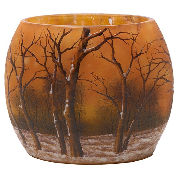 Daum Paysage d'Hiver pillow vase 3.75"w x 2"d x 3"h: Daum, Paysage d'Hiver pillow vase, Nancy, France, circa 1910, glass, enamel, signed, 3.75"w x 2"d x 3"h. Provenance: Minna Rosenblatt Ltd., New York, NY, 05 November 1986, Property from: The Warshawsk