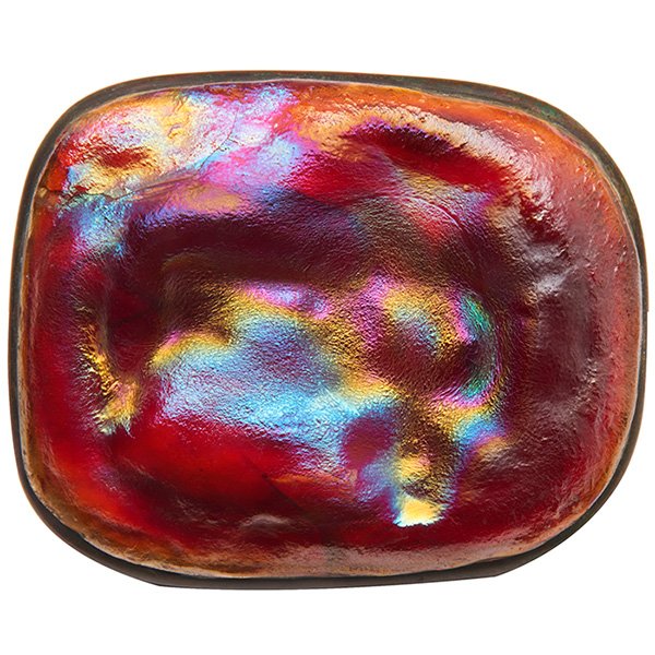 Tiffany Studios Turtleback tile paperweight 5"w x 1"d x: Tiffany Studios, Turtleback tile paperweight, New York, NY, circa 1905, red Favrile glass, patinated bronze, signed, 5"w x 1"d x 6"h, Property from: The Warshawsky Collection, Chicago, Illinois
