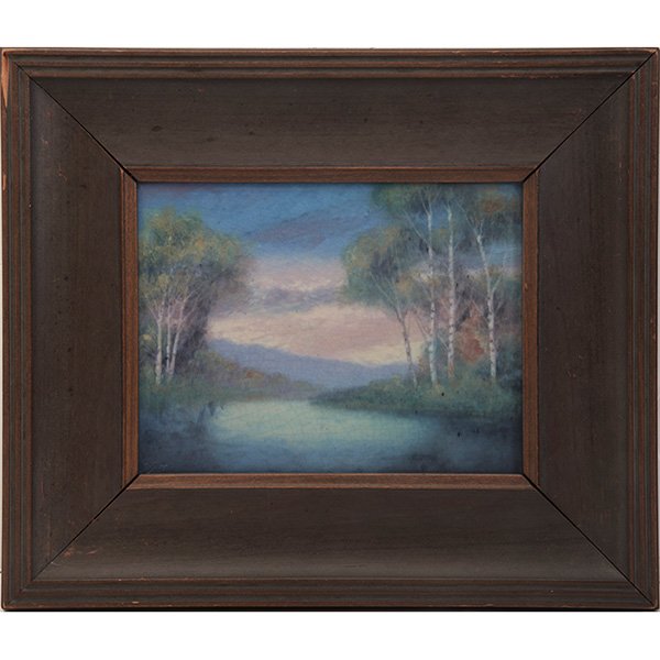 Edward Timothy Hurley (1869-1950) for Rookwood Pottery: Edward Timothy Hurley (1869-1950) for Rookwood Pottery Sunset plaque, Cincinnati, OH, vellum glazed ceramic, signed, set in the original frame, 8.5"w x 6"h, Property from: The Warshawsky Collection, C