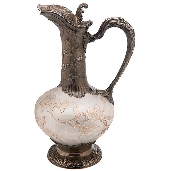 Daum and J. Martel claret jug 6"w x 5 1/4"d x 10"h: Daum and J. Martel, claret jug, Nancy, France, cameo glass, silver, signed, hallmarks, 6"w x 5 1/4"d x 10"h, Property from: The Warshawsky Collection, Chicago, Illinois