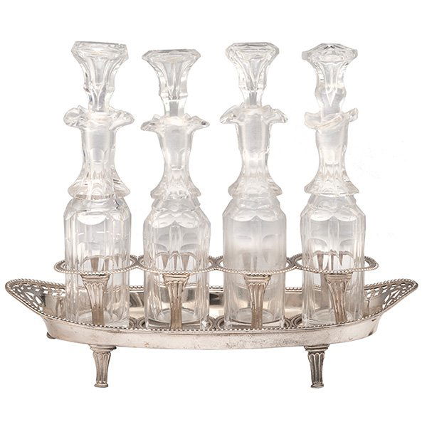 Hester Bateman (1708-1794) cruet stand 9"w x 3 1/2"d x: Hester Bateman (1708-1794), cruet stand, London, England, 1822, silver, glass, hallmarks, 9"w x 3 1/2"d x 7 1/2"h, Property from: The Warshawsky Collection, Chicago, Illinois