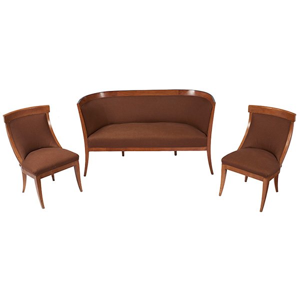 Biedermeier Period salon suite: settee and two side: Biedermeier Period, salon suite: settee and two side chairs, Germany, ebonized fruitwood, fabric, settee: 58.25"w x 24.5"d x 32.5"h; chairs: 20.25"w x 23"d x 32.5"h, Property from: The Warshawsky Coll
