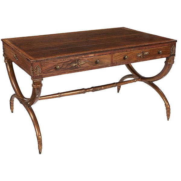 Regency Period partner's desk 48"w x 33"d x 27.5"h: Regency Period, partner's desk, circa 1815, rosewood, gilt bronze, 48"w x 33"d x 27.5"h, Property from: The Warshawsky Collection, Chicago, Illinois