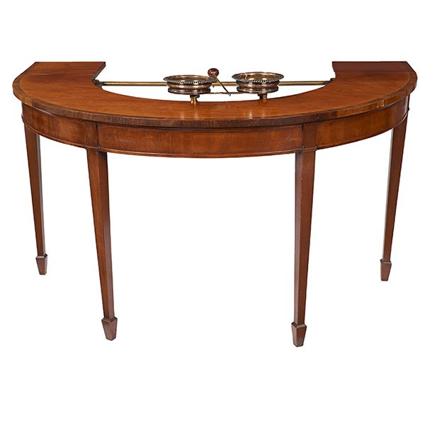 George III Period wine table 53.5"w x 26.5"d x 29.5": George III Period, wine table, late 18th century, mahogany, brass, silver-plate, 53.5"w x 26.5"d x 29.5" (closed), Property from: The Warshawsky Collection, Chicago, Illinois