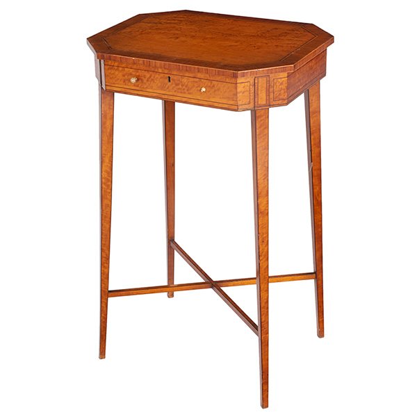 George III work table 19"w x 15"d x 30.75"h: George III, work table, circa 1790, satinwood, ivory, 19"w x 15"d x 30.75"h, Property from: The Warshawsky Collection, Chicago, Illinois
