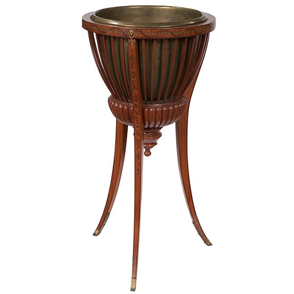 Edwardian jardiniere stand 18"dia x 34"h: Edwardian, jardiniere stand, painted mahogany, brass, 18"dia x 34"h, Property from: The Warshawsky Collection, Chicago, Illinois
