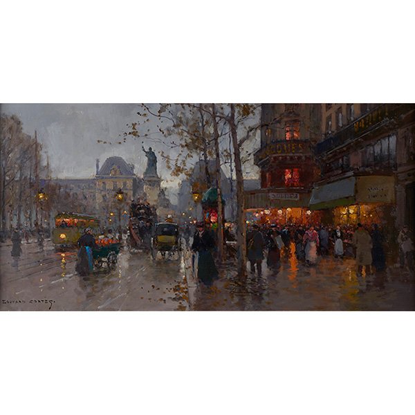 Edouard Cortes, (French, 1882-1969), Paris, La Place de: Edouard Cortes, (French, 1882-1969), Paris, La Place de la Republique, oil on canvas, signed lower left, 18" x 36", Provenance: Johnson Galleries, Chicago, Illinois, Acquired from the above by the own