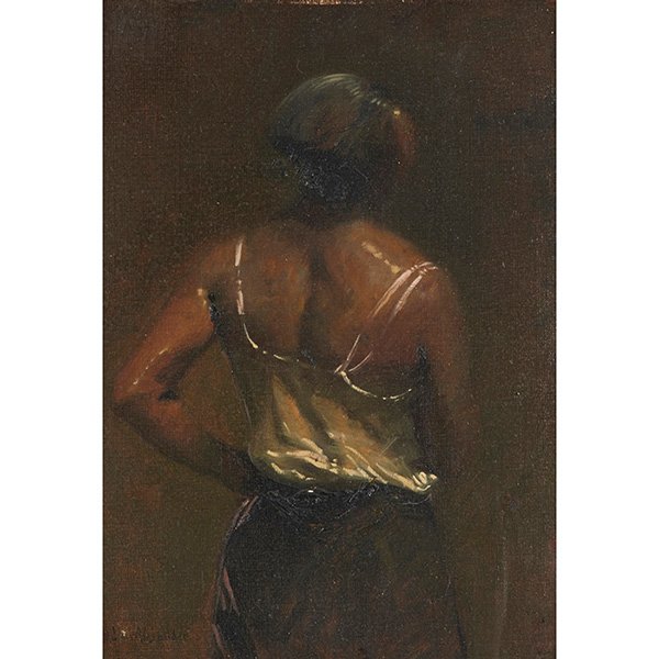 John White Alexander, (American, 1856-1915), Back of: John White Alexander, (American, 1856-1915), Back of Female Figure, oil on canvas board, signed lower left, 12.75" x 9.5", Provenance: Property from the Estate of Frank Ternenyi, Chicago, Illinois