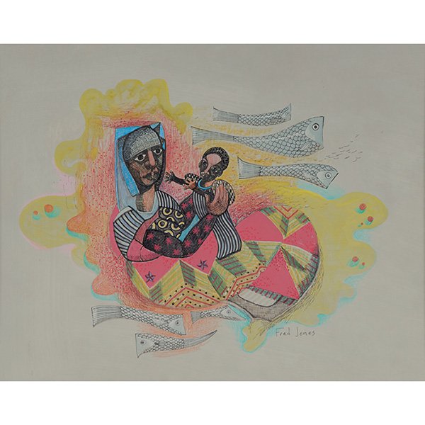 Frederick Jones, (American, 1914-2004), The Young: Frederick Jones, (American, 1914-2004), c. 1960, The Young Fisherman, mixed media on artist board, signed lower right, 16" x 20". Provenance: Property from the Estate of Frank Ternenyi, Chicago, Illin