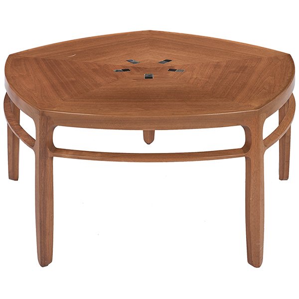 Edward Wormley Pentagonal coffee table, model 5625T: Edward Wormley, Pentagonal coffee table, model 5625T, Dunbar, c.1956, mahogany, Tiffany Studios Favrile glass tiles, rectangular brass Dunbar tag, from the Janus Collection, 38.25"dia. x 19.25"h. Prov