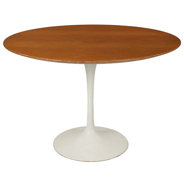 Eero Saarinen dining table 42"dia. x 28.25"h: Eero Saarinen, dining table, Knoll, 1960s, oak, cast aluminum, original white finish, 42"dia. x 28.25"h