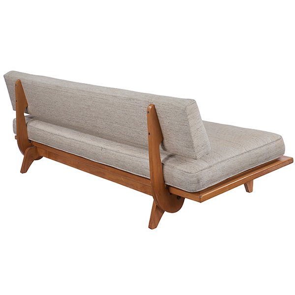 Richard Stein early sofa / daybed 76"w x 35"d x 26.5"h: Richard Stein, early sofa / daybed, Knoll Associates, birch, birch plywood, upholstery, early Knoll Madison Ave. label, A foot pedal operates the retractable backrest, 76"w x 35"d x 26.5"h
