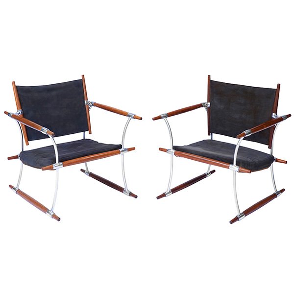 Jens Quistgaard Stokke lounge chairs, pair 26.5"w x: Jens Quistgaard, Stokke lounge chairs, pair, Richard Nissen, Denmark, 1960, leather, rosewood, chrome-plated steel, signed with stamped mark, 26.5"w x 26.5"d x 29"h