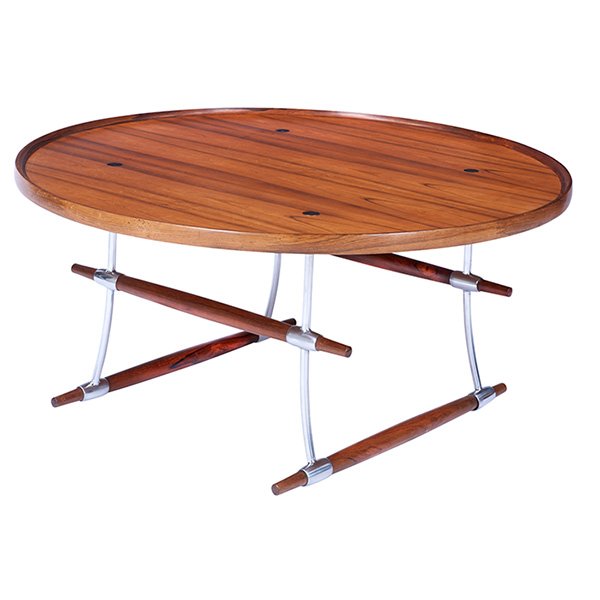 Jens Quistgaard Stokke coffee table 41.25"dia. x: Jens Quistgaard, Stokke coffee table, Richard Nissen, Denmark, c. 1960, rosewood, chrome-plated steel, 41.25"dia. x 18.25"h