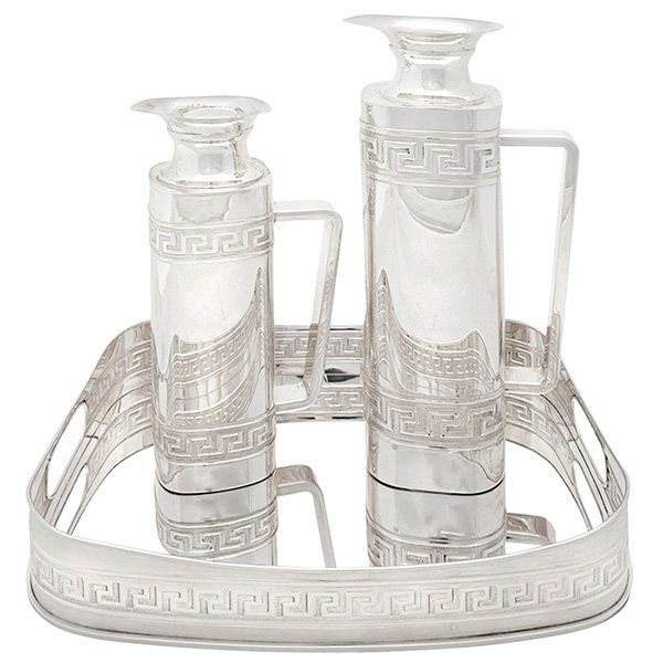 Gianni Versace tray and two decanters tray: 13.75" x: Gianni Versace, tray and two decanters, sterling silver, each stamped "Gianni Versace 925 665FI" with star, decanters: 6"w x 4"d x 13.5"h, 5"w x 3.5"d x 11"h, tray: 13.75" x 10" x 2.5"h