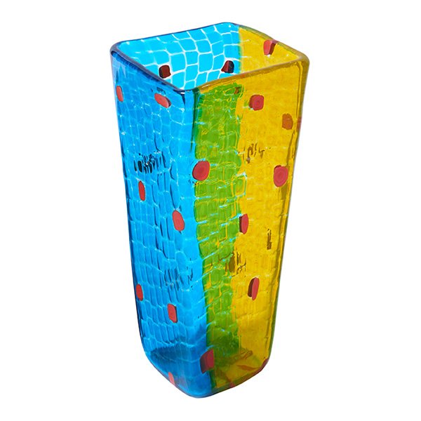 Gianni Versace: Gianni Versace, vase, Venini, Murano, Italy, yellow and blue glass, red murrines, signed "Venini Gianni Versace 1998/102", 4.5"w x 11"h