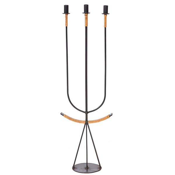 Arthur Umanoff large candleholder 12.25"w x 7"d x: Arthur Umanoff, large candleholder, Raymor, Italy, wrought iron, rattan, 12.25"w x 7"d x 38.5"h