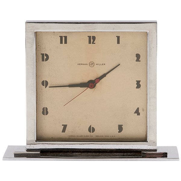 Gilbert Rohde Art Deco table clock 8"w x 2"d x 6.25"h: Gilbert Rohde, Art Deco table clock, Howard Miller, 1930s, chromed steel, enameled metal, 8"w x 2"d x 6.25"h