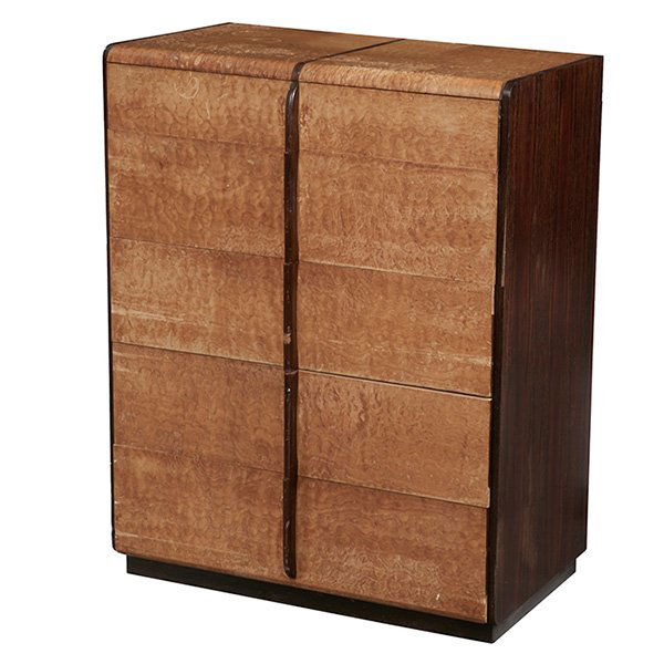 Gilbert Rohde dresser / chest, no. 3773 33''w x: Gilbert Rohde, dresser / chest, no. 3773, Herman Miller, 1930s, Macassar ebony, quilted maple, fair condition, 33''w x 19.25''d x 42.25''h