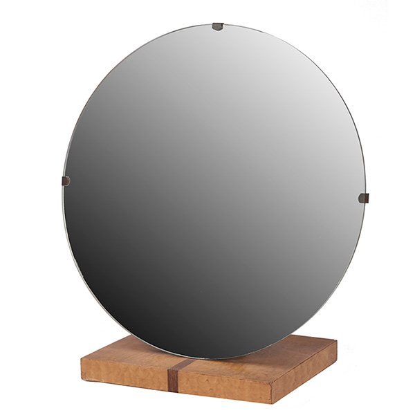 Gilbert Rohde portable mirror, no. 3773 18.25''w x: Gilbert Rohde, portable mirror, no. 3773, Herman Miller, 1930s, Macassar ebony, quilted maple, mirror glass, unsigned, 18.25''w x 9.25''d x 19.5''h