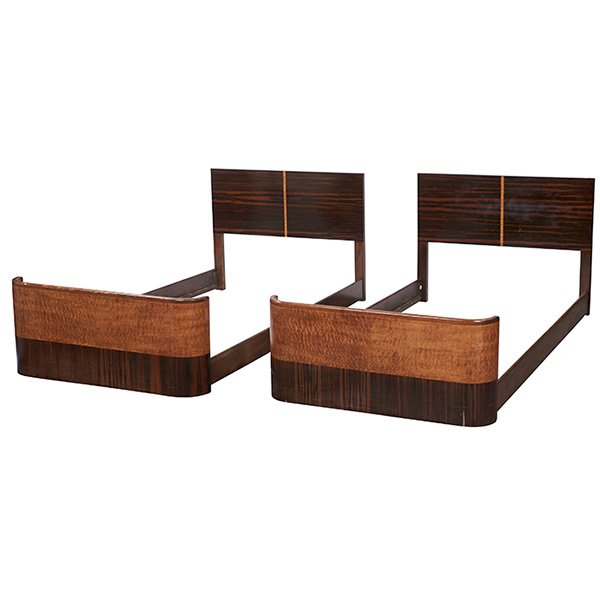 Gilbert Rohde twin beds, pair, no. 3773 79.75'w x: Gilbert Rohde, twin beds, pair, no. 3773, Herman Miller, 1930s, Macassar ebony, quilted maple, each bed frame will hold a 38" x 75" mattress, 79.75'w x 41.25''d x 33.5''h each