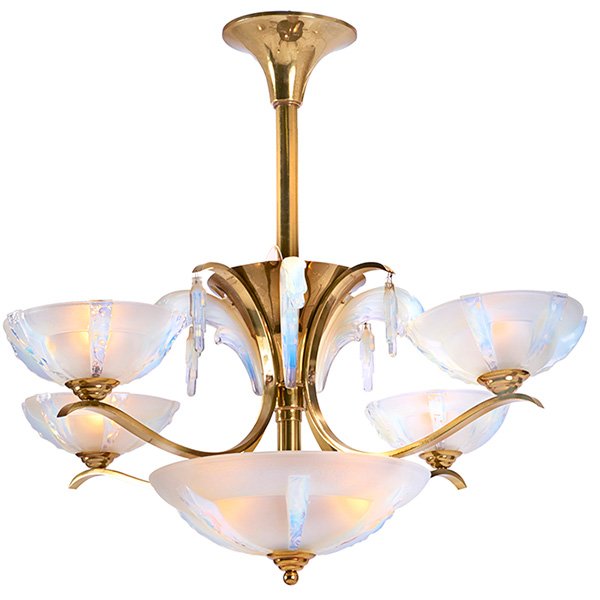 Sabino, attribution chandelier 26.25"dia. x 28"h: Sabino, attribution, chandelier, 1950s, brass-plated metal, opalescent glass, unsigned, 26.25"dia. x 28"h