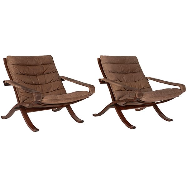 Ingmar Relling Flex folding chairs, pair 30''w x 32''d: Ingmar Relling, Flex folding chairs, pair, Westnofa, Norway, beech plywood, original brown leather, unmarked, 30''w x 32''d x 28.5''h folded: 30''w x 10''d x 40''h