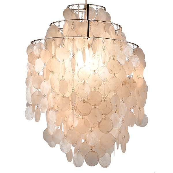 Verner Panton 2DM Fun Hanging chandelier 18"dia. x 35"h: Verner Panton, 2DM Fun Hanging chandelier, J. Luber, Switzerland, vintage production, chromed steel, capiz shells, J. Luber paper hang tag, 18"dia. x 35"h as shown