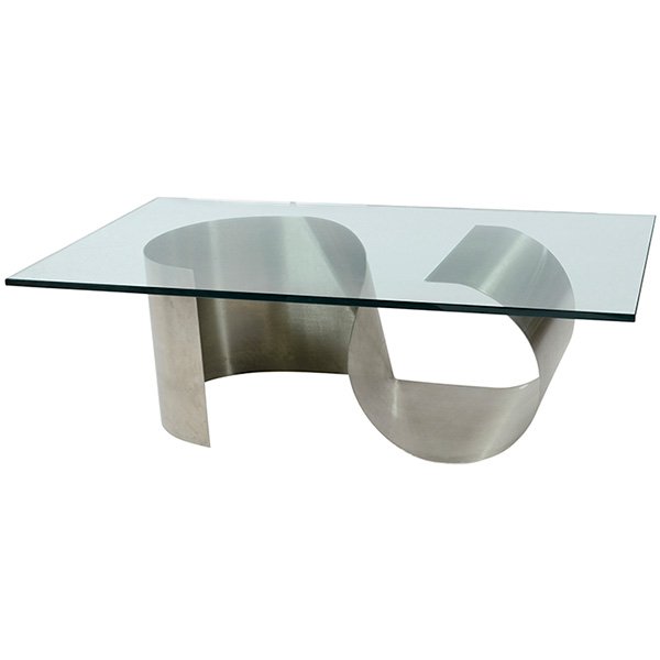 Francois Monnet: Francois Monnet, Kappa coffee table, France, c. 1970, solid stainless steel, .75" glass top 60"w x 36"d x 19"h