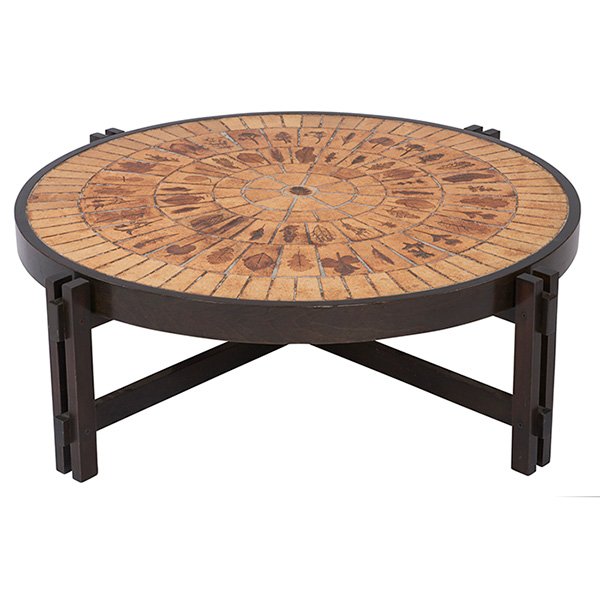 Roger Capron Garrigue coffee table 42.5" dia. x 13"h: Roger Capron, Garrigue coffee table, Vallauris, France, 1960s, wood, glazed earthenware with pressed leaf decoration, impressed "Capron Vallauris France", Garrigue refers to low-growing vegetation fou