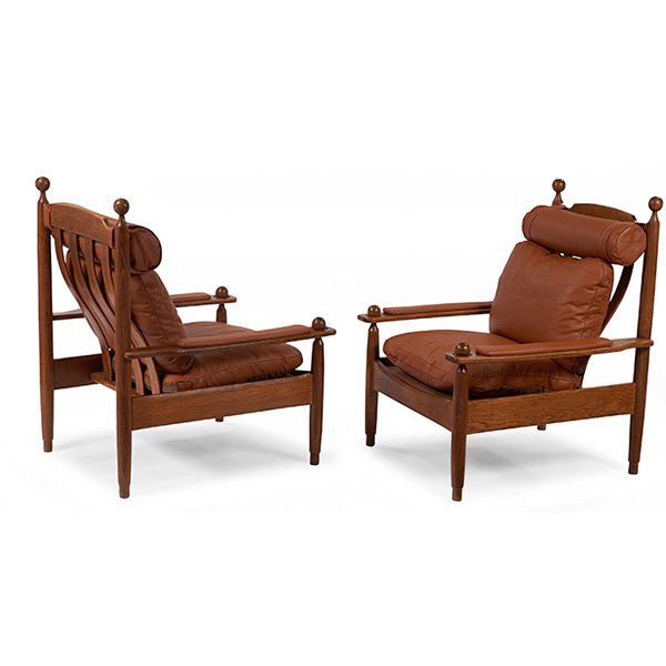 Mid-century lounge chairs ,pair, 31"w x 33"d x 39"h: Mid-century, lounge chairs ,pair,, France, 1960s, oak, leather, in the manner of Grete Jalk, 31"w x 33"d x 39"h