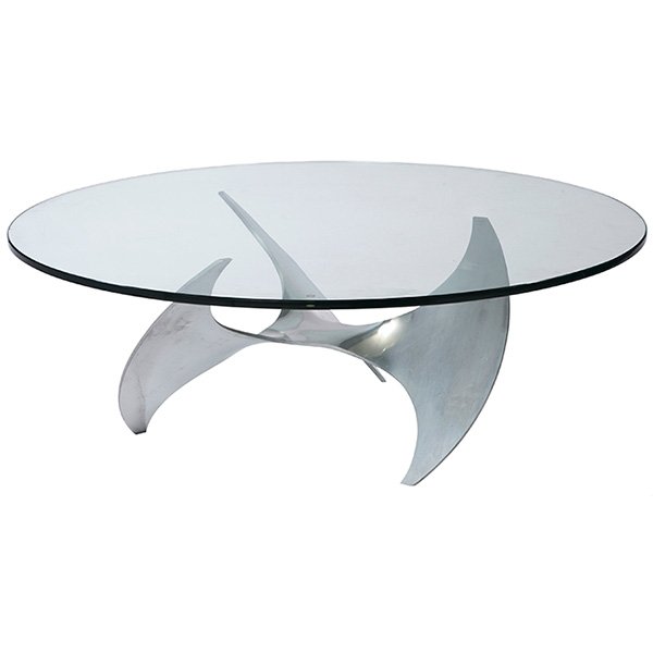 Knut Hesterberg Propeller coffee table 44"dia. x 15.5"h: Knut Hesterberg, Propeller coffee table, aluminum, glass, "Made in Belgium" label to glass, 44"dia. x 15.5"h
