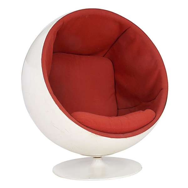 Eero Aarnio Ball chair 45"w x 40"d x 47"h: Eero Aarnio, Ball chair, Asko, Finland, 1970s, fiberglass-reinforced polyester, aluminum, fabric, signed with stamped Asko mark, 45"w x 40"d x 47"h