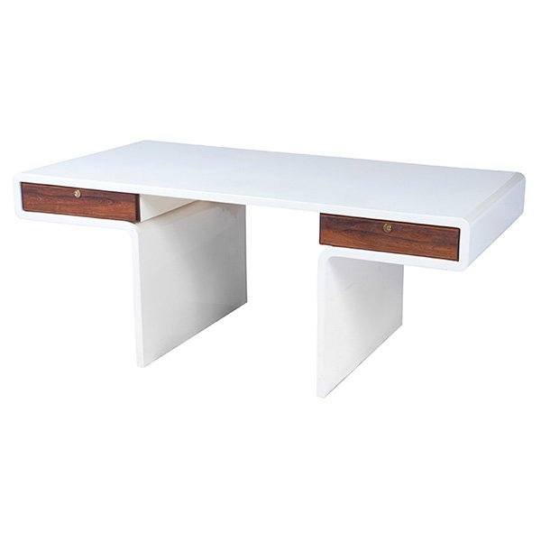 William Sklaroff Uniplane desk, Vecta, USA: William Sklaroff, Uniplane desk, Vecta, USA, 1970, fiberglass, rosewood, The back of the desk is finished with a rosewood panel behind the drawers., 72"w x 36"d x 28.75"h