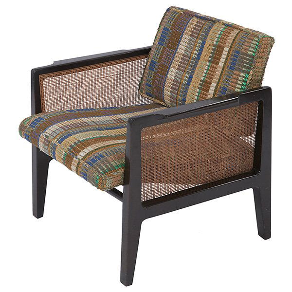 Edward Wormley lounge chair 26"w x 25"d x 27"h: Edward Wormley, lounge chair, Dunbar, 1960s, ebonized mahogany, caning, upholstery, rectangular brass Dunbar tag, original Jack Lenor Larsen fabric with blue and green metallic threads, 26"w x 25"d x