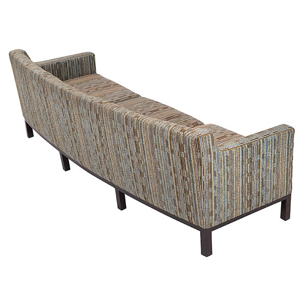 Edward Wormley sofa 89''w x 32''d x 29''h: Edward Wormley, sofa, Dunbar, 1960s, mahogany, original upholstery, signed with Dunbar decking fabric, featuring a curved back and eight legs, 89''w x 32''d x 29''h