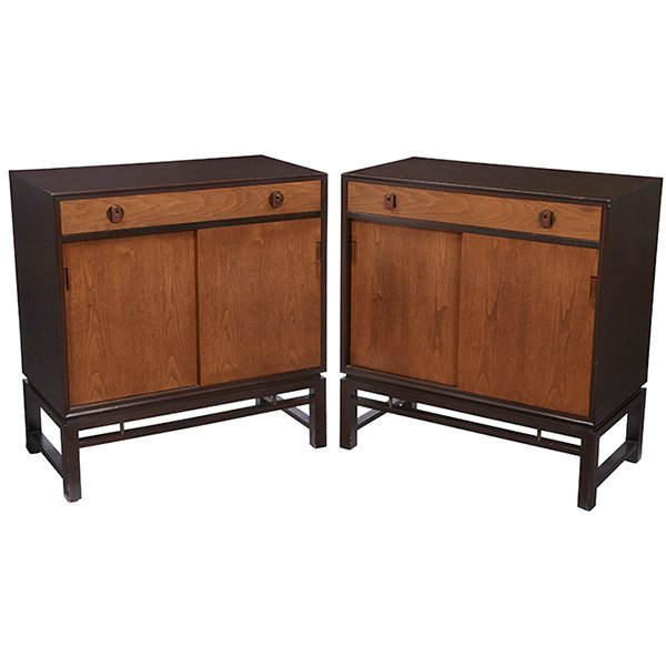 Edward Wormley cabinets, pair 33"w x 18"d x 35.25"h: Edward Wormley, cabinets, pair, Dunbar, 1960s, mahogany, walnut, rosewood, each with rectangular brass Dunbar tag, 33"w x 18"d x 35.25"h