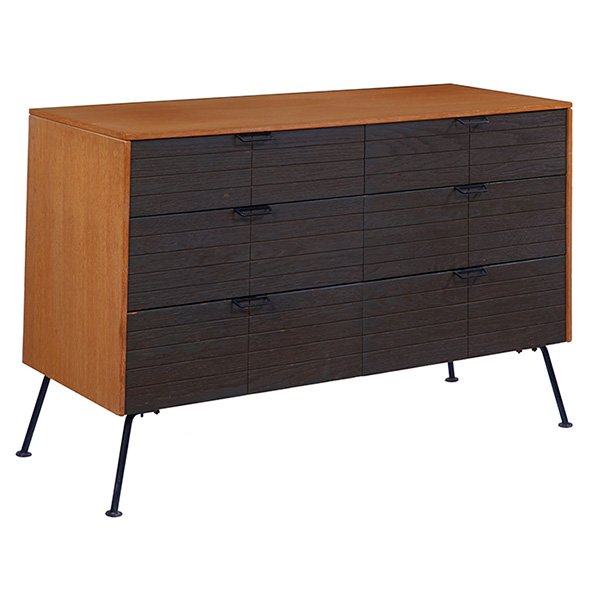 Raymond Loewy cabinet 48"w x 19"d x 30"h: Raymond Loewy, cabinet, Mengel Furniture, rift sawn oak, stained oak, enameled steel, Mengel branded mark, 48"w x 19"d x 30"h