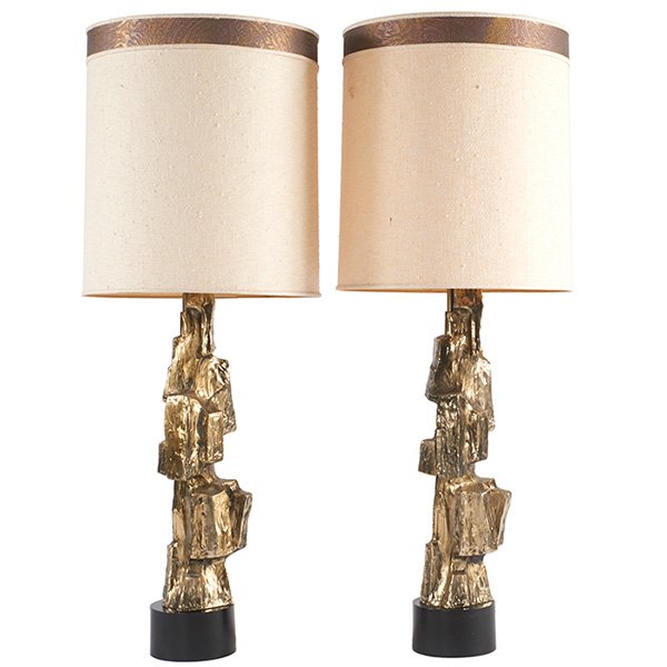 Maurizio Tempestini table lamps, pair base only: 7"dia: Maurizio Tempestini, table lamps, pair, Laurel, USA, Brutalist gold-tone metal, wood base, original shades, base only: 7"dia x 31.5"h; with shade: 50"h