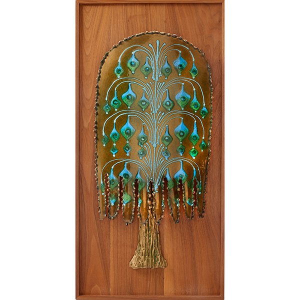 C. Jeré tree wall sculpture 14"w x 3"d x 28"h: C. Jere, tree wall sculpture, Artisan House, 1960s, metal, enamel, wood, plastic resin, signed "C. Jere", 14"w x 3"d x 28"h. Provenance: Property from the Estate of William and Anne Zimring, Chicago, 