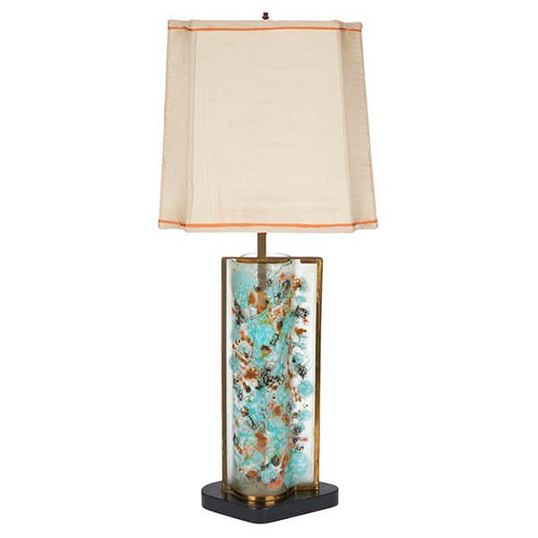 Michael & Frances Higgins: Michael & Frances Higgins, early table lamp, Higgins Studio, 1950s, fused glass, gold decoration, wood, brass, silk shade, signed with dancing man mark, base only: 9.5"w x 6.5"d x 16.5"h