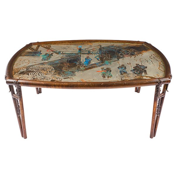 Philip & Kelvin LaVerne Chan coffee table 40.5"w x: Philip & Kelvin LaVerne, Chan coffee table, Philip LaVerne Galleries, NY, 1979, bronze, pewter, V-shaped legs with applied bronze trim, Sold with the original receipt and a LaVerne brochure. , The 197