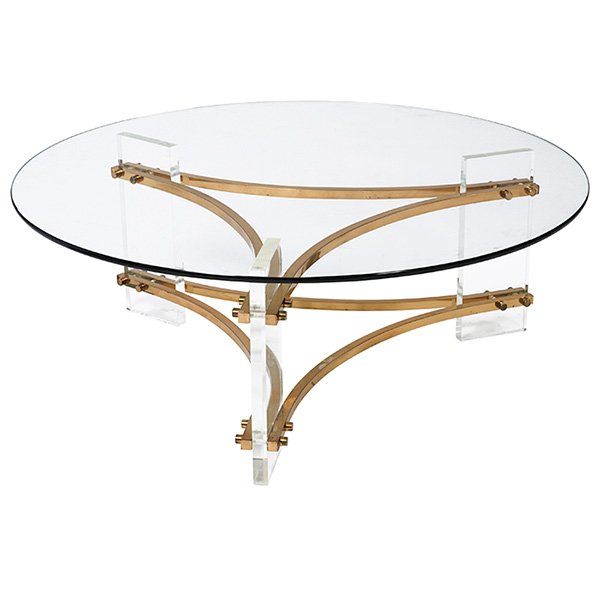 Charles Hollis Jones style coffee table 42"dia. x: Charles Hollis Jones style, coffee table, 1960s, Lucite, brass, glass, unsigned, 42"dia. x 15.5"h