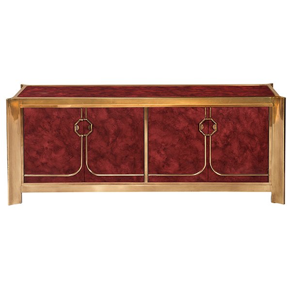 Mastercraft cabinet 77"w x 20.5"d x 30"h: Mastercraft, cabinet, 1970s, brass, hand-painted and lacquered red finish over wood, four doors with the original handles, the interior features the original red finish, 77"w x 20.5"d x 30"h